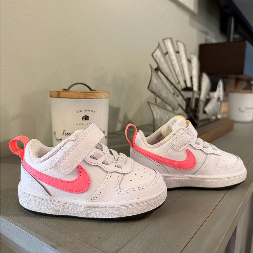 Nike Toddler White Sneakers with Pink Swoosh